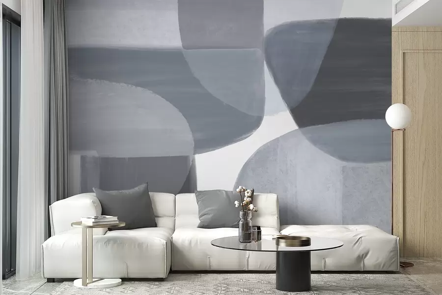 Papier peint Un imprimé abstrait monochrome avec des formes minimalistes qui se chevauchent dans des tons de gris et de bleu. w08410