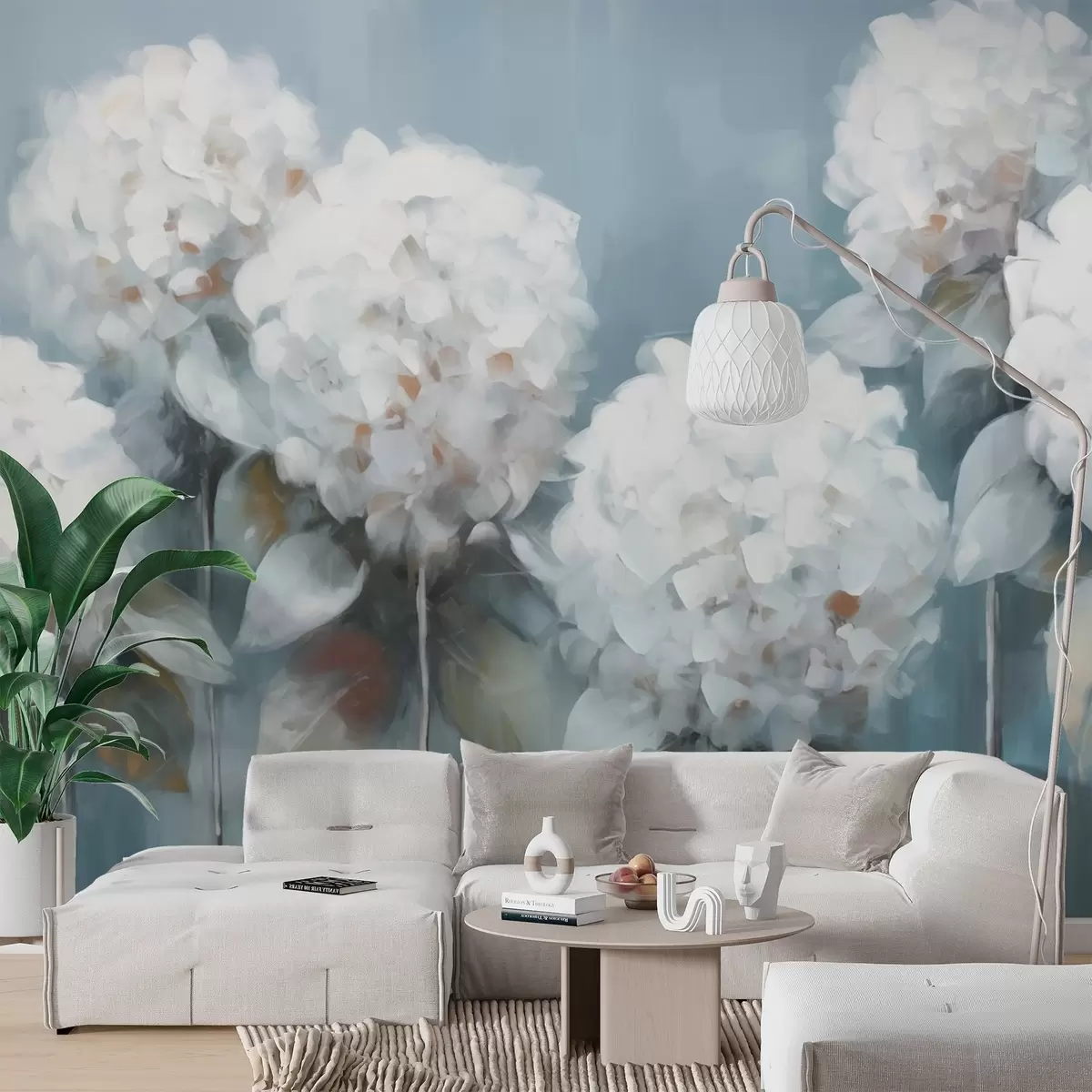 Papier peint Hortensias blancs sur fond bleu w02159