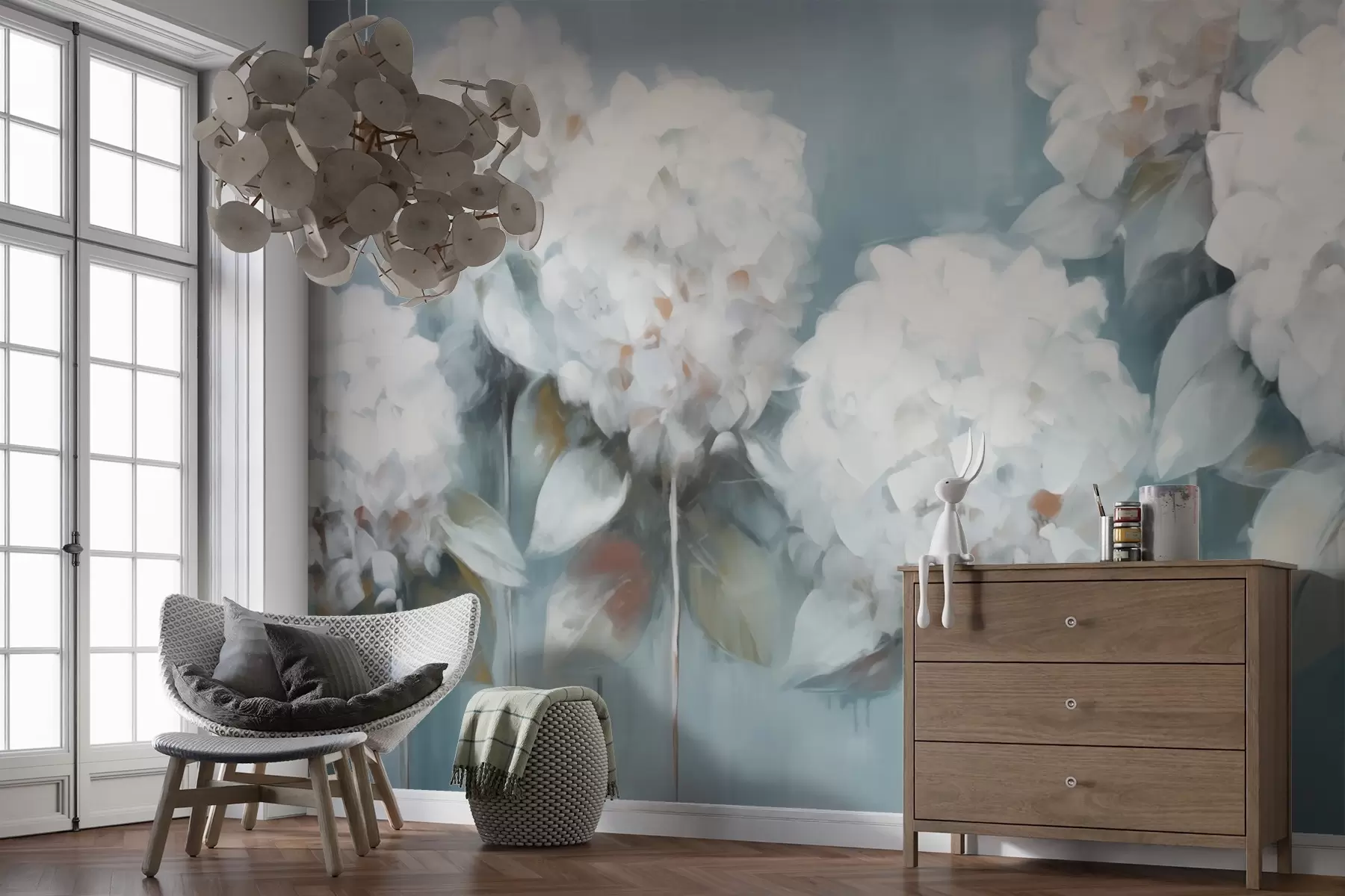 Papier peint Hortensias blancs sur fond bleu w02159