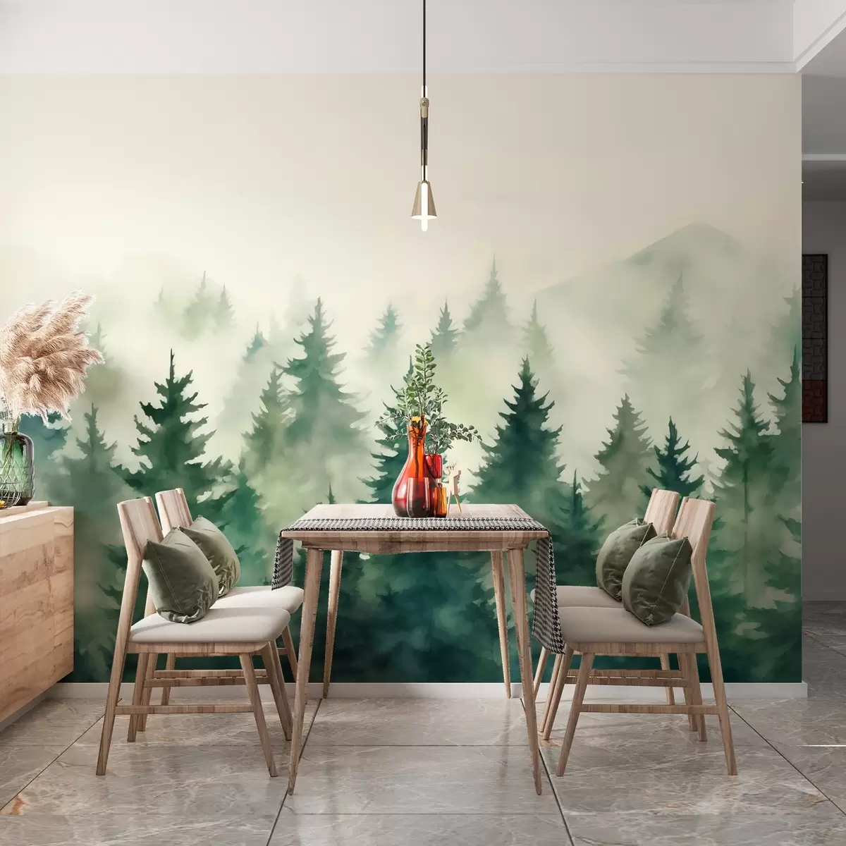 Papier peint Forêt brumeuse dans des tons verts doux w02161