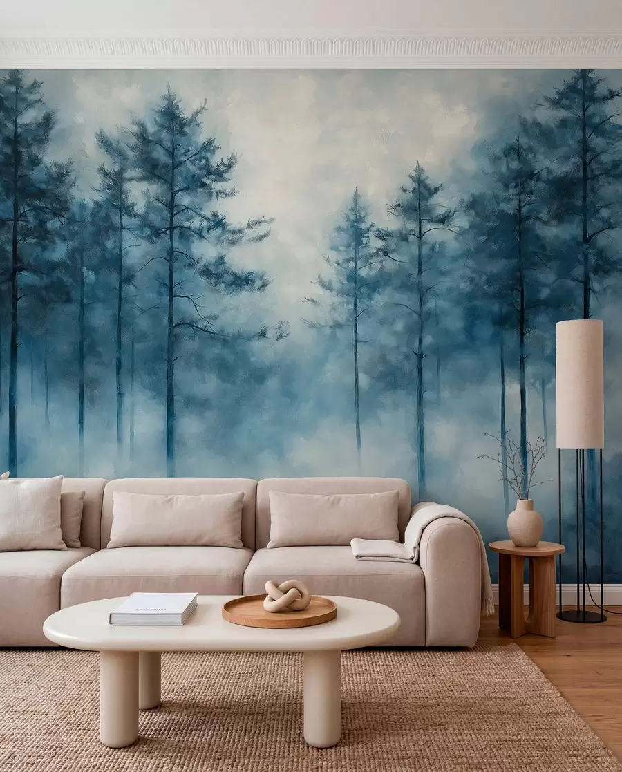 Papier peint Forêt mystique, pins, brouillard, peinture acrylique, couleurs bleues profondes w02149