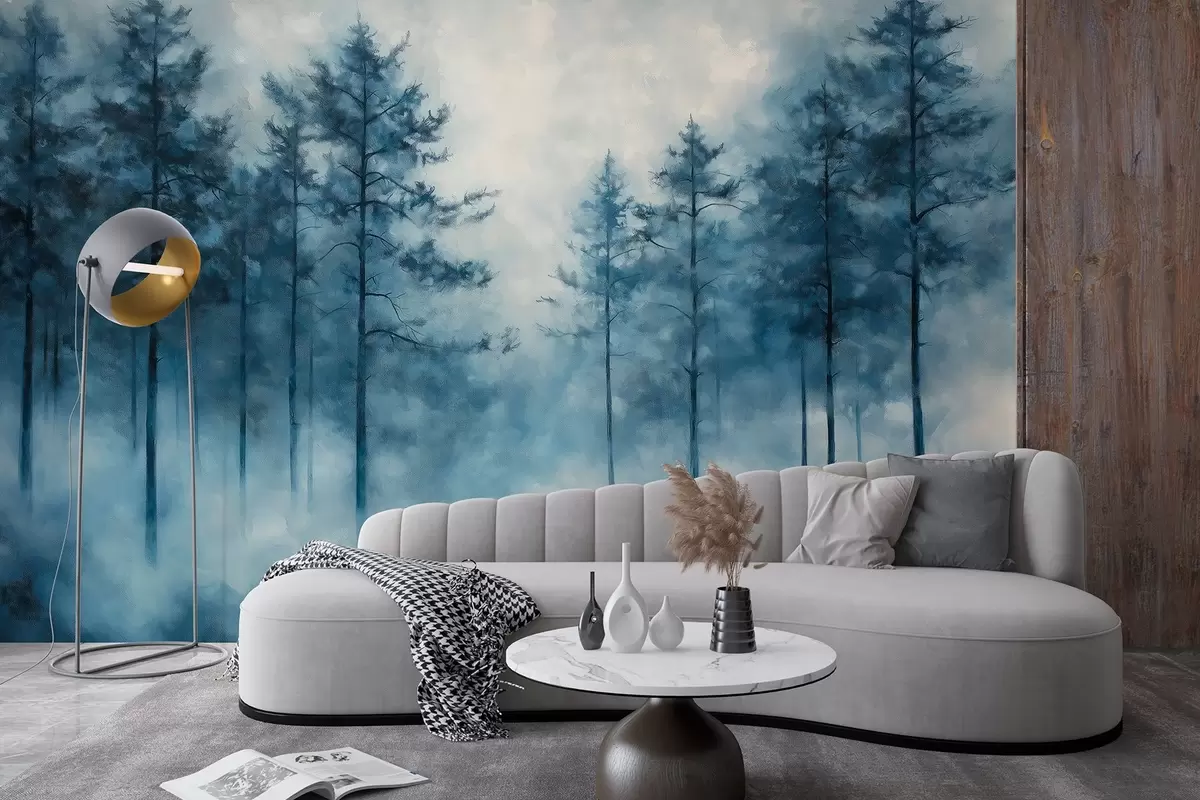 Papier peint Forêt mystique, pins, brouillard, peinture acrylique, couleurs bleues profondes w02149