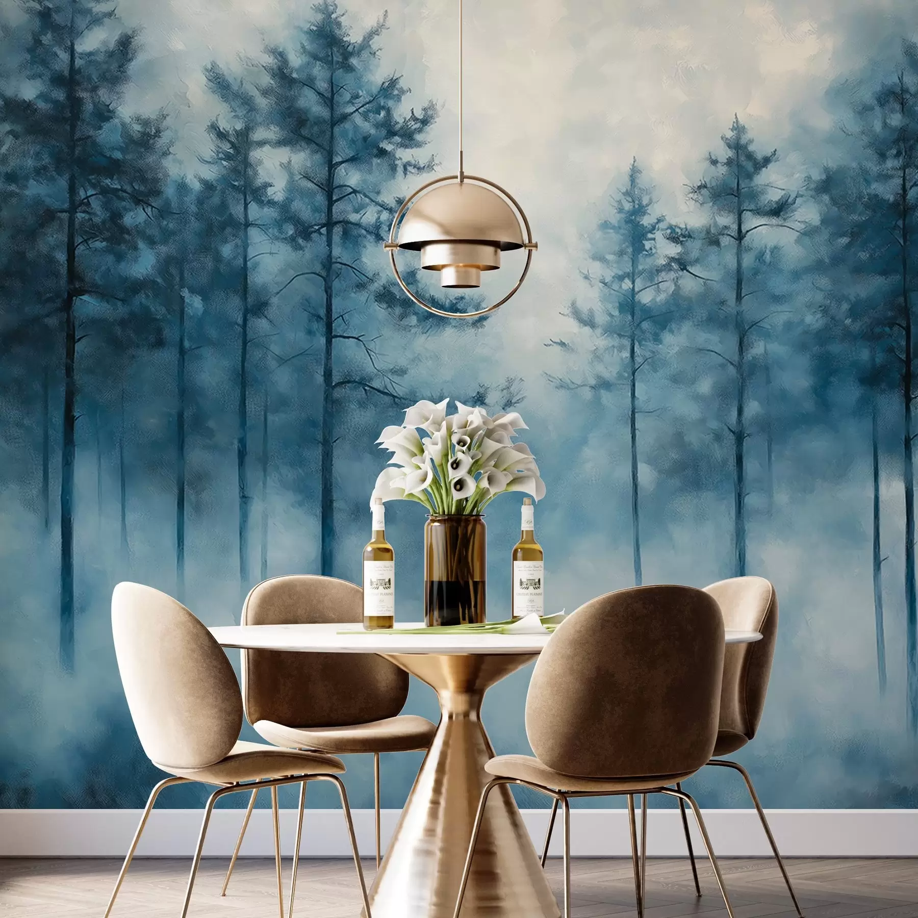 Papier peint Forêt mystique, pins, brouillard, peinture acrylique, couleurs bleues profondes w02149