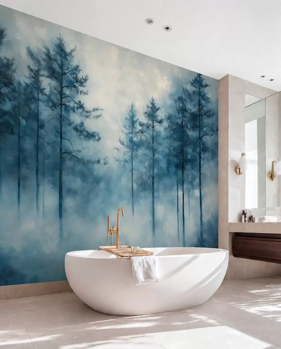 Papier peint Forêt mystique, pins, brouillard, peinture acrylique, couleurs bleues profondes w02149
