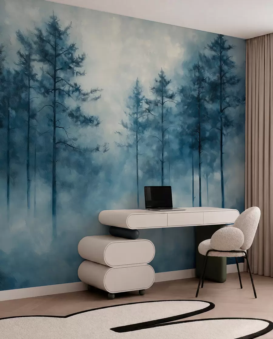 Papier peint Forêt mystique, pins, brouillard, peinture acrylique, couleurs bleues profondes w02149