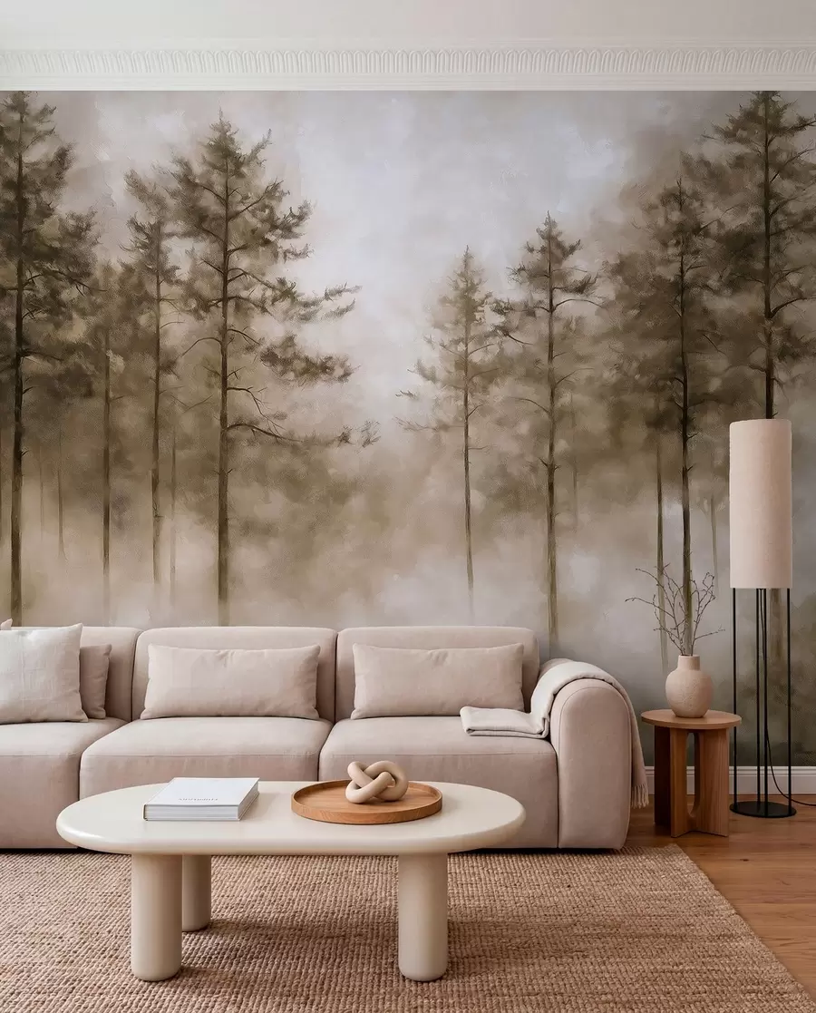 Papier peint Forêt mystique, pins, brouillard, peinture acrylique, couleurs beiges w02149v1