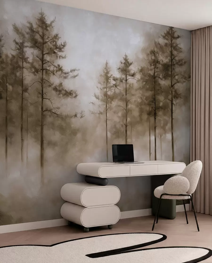 Papier peint Forêt mystique, pins, brouillard, peinture acrylique, couleurs beiges w02149v1