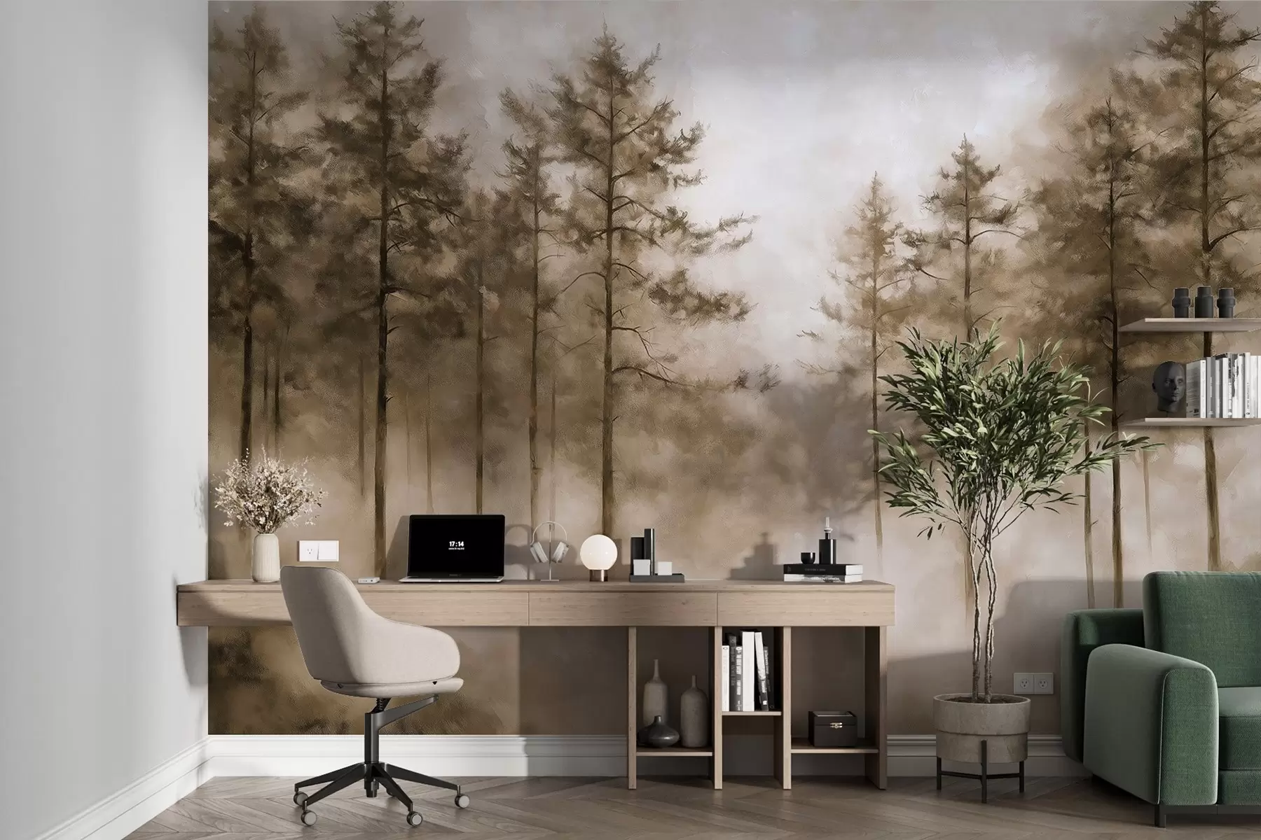 Papier peint Forêt mystique, pins, brouillard, peinture acrylique, couleurs beiges w02149v1