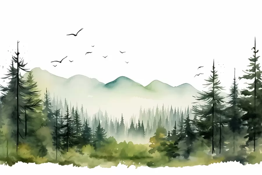 Papier peint Aquarelle de paysages de forêts et de montagnes, palette de couleurs vertes  w02150