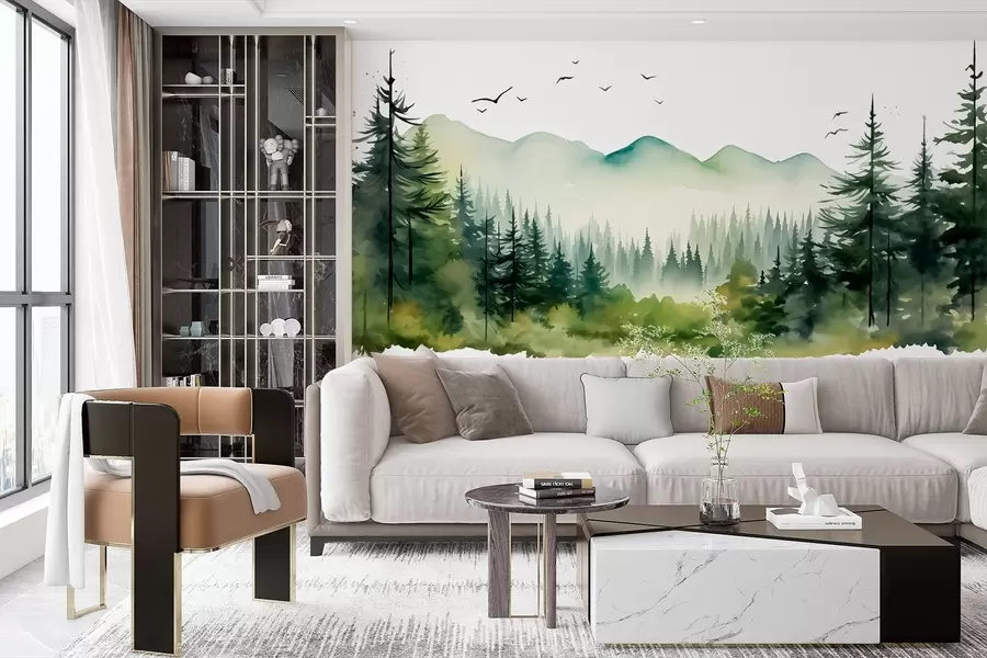 Papier peint Aquarelle de paysages de forêts et de montagnes, palette de couleurs vertes  w02150