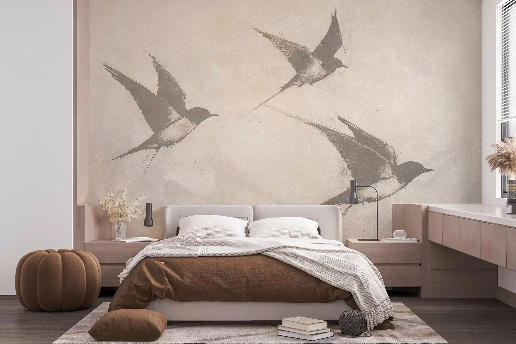 Papier peint Oiseaux volants, moineaux, dessin à l'encre, minimalisme, couleurs beiges w02151