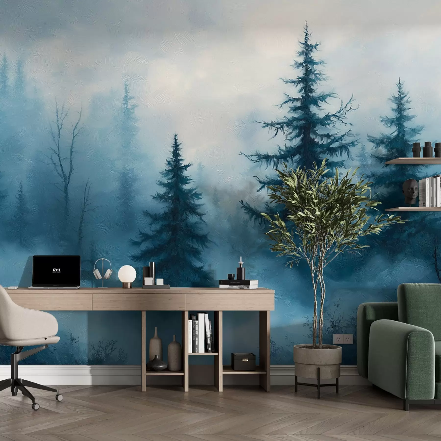 Papier peint Forêt bleu foncé, peinture à l'huile, coups de pinceau, nature w02153