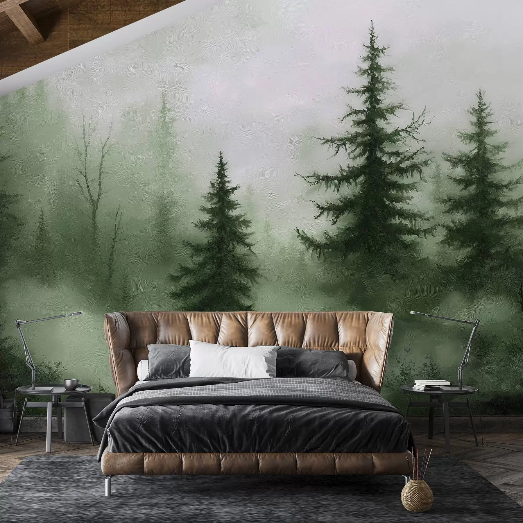 Papier peint Forêt vert foncé, peinture à l'huile, coups de pinceau, nature w02153v1