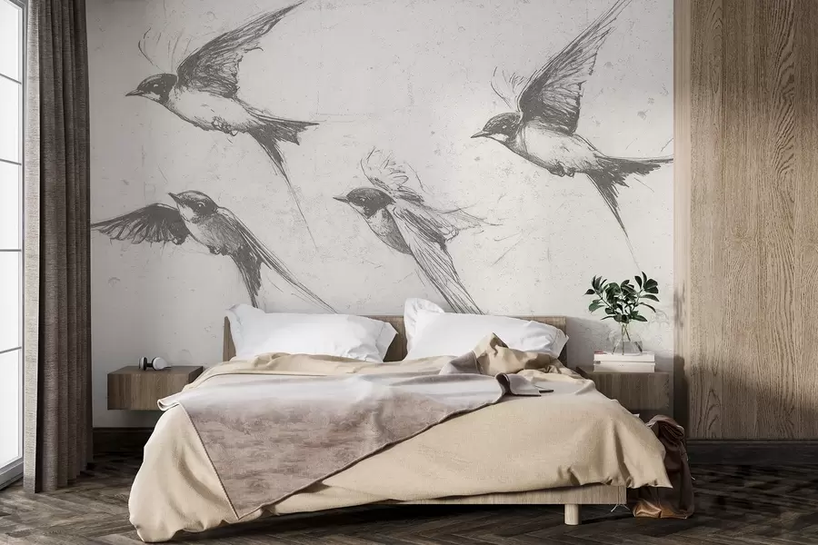 Papier peint Oiseaux volants, dessin à l'encre, minimalisme, couleurs grises w02155