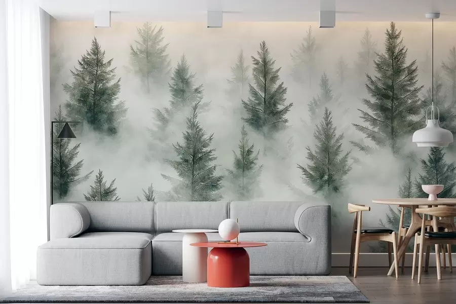 Papier peint Belle forêt avec pins, brouillard, paysages de nature, couleurs vertes w02222