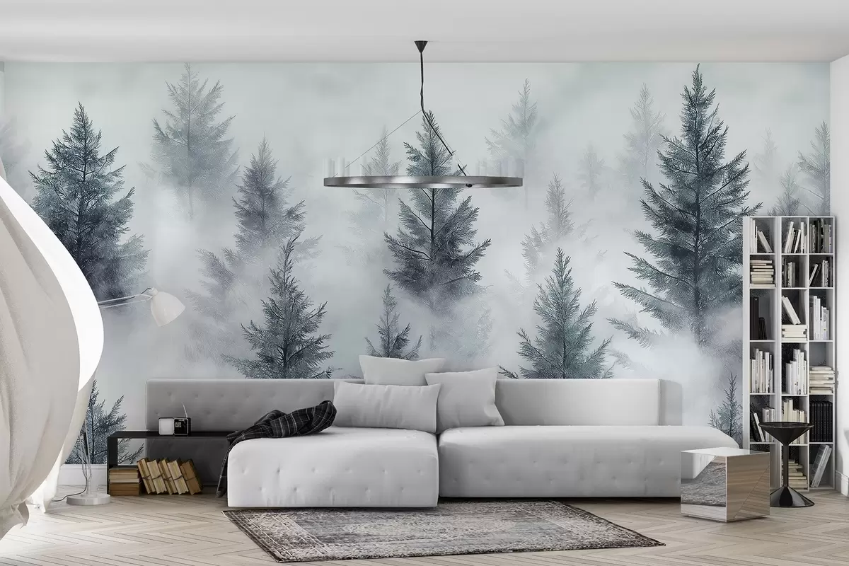 Papier peint Belle forêt avec pins, brouillard, paysages de nature, couleurs grises w02222v2