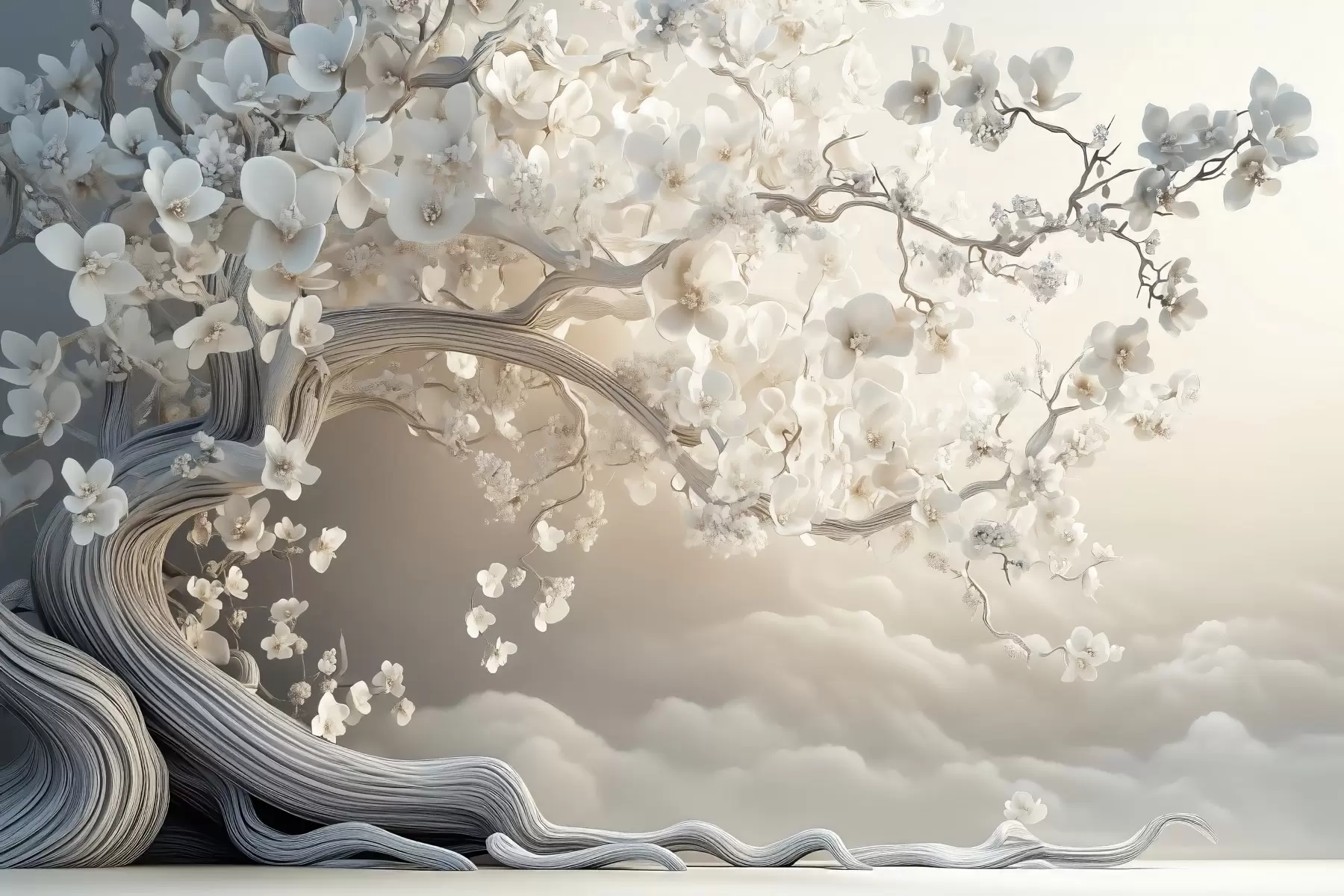Papier peint Un arbre charmant avec des fleurs blanches sur fond de nuages dans un style intéressant aux couleurs chaudes et délicates w02133