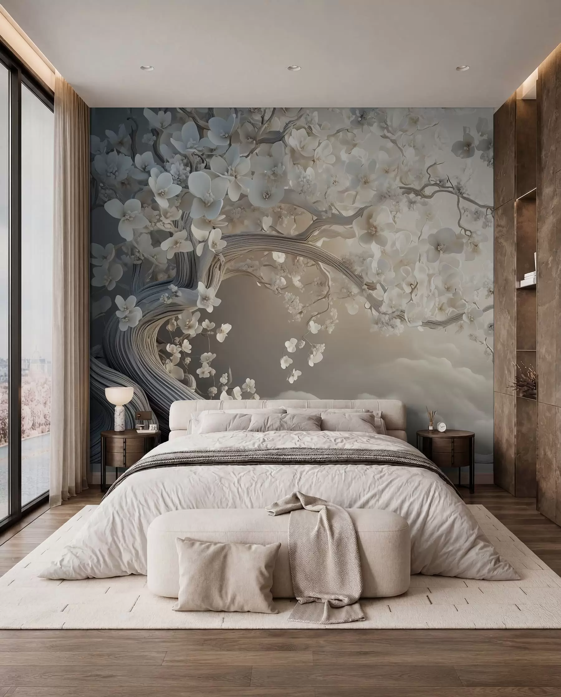 Papier peint Un arbre charmant avec des fleurs blanches sur fond de nuages dans un style intéressant aux couleurs chaudes et délicates w02133