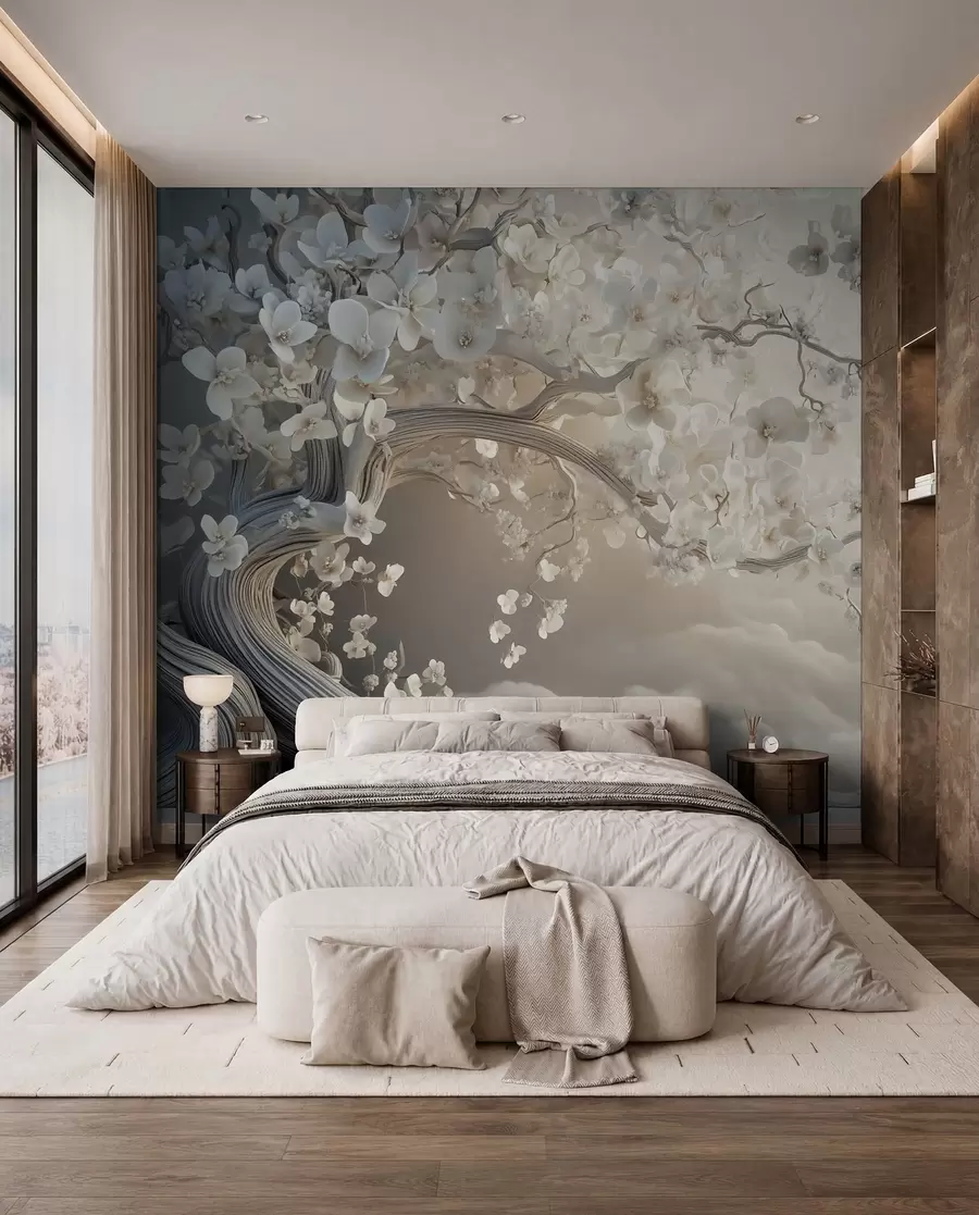 Papier peint Un arbre charmant avec des fleurs blanches sur fond de nuages dans un style intéressant aux couleurs chaudes et délicates w02133