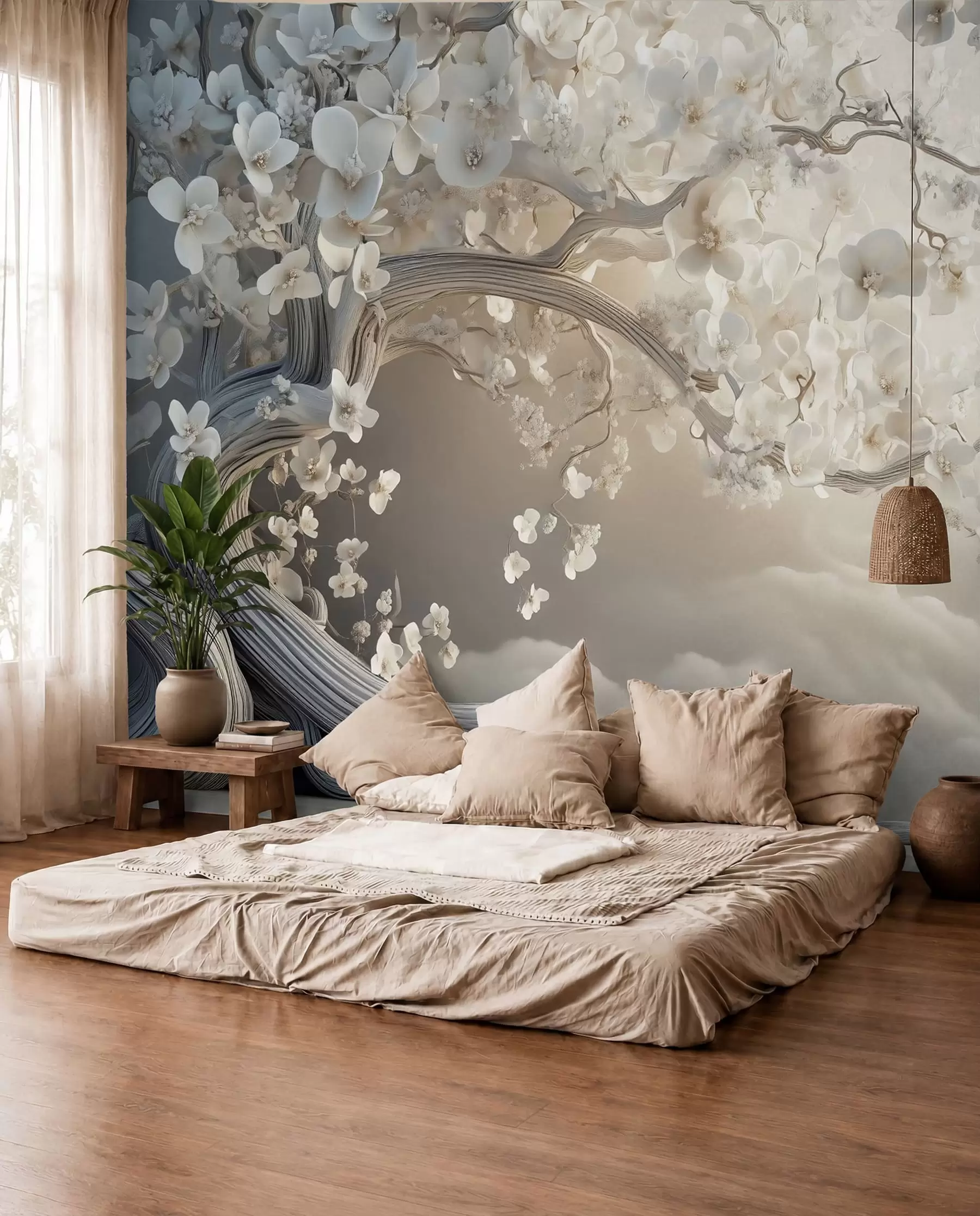 Papier peint Un arbre charmant avec des fleurs blanches sur fond de nuages dans un style intéressant aux couleurs chaudes et délicates w02133