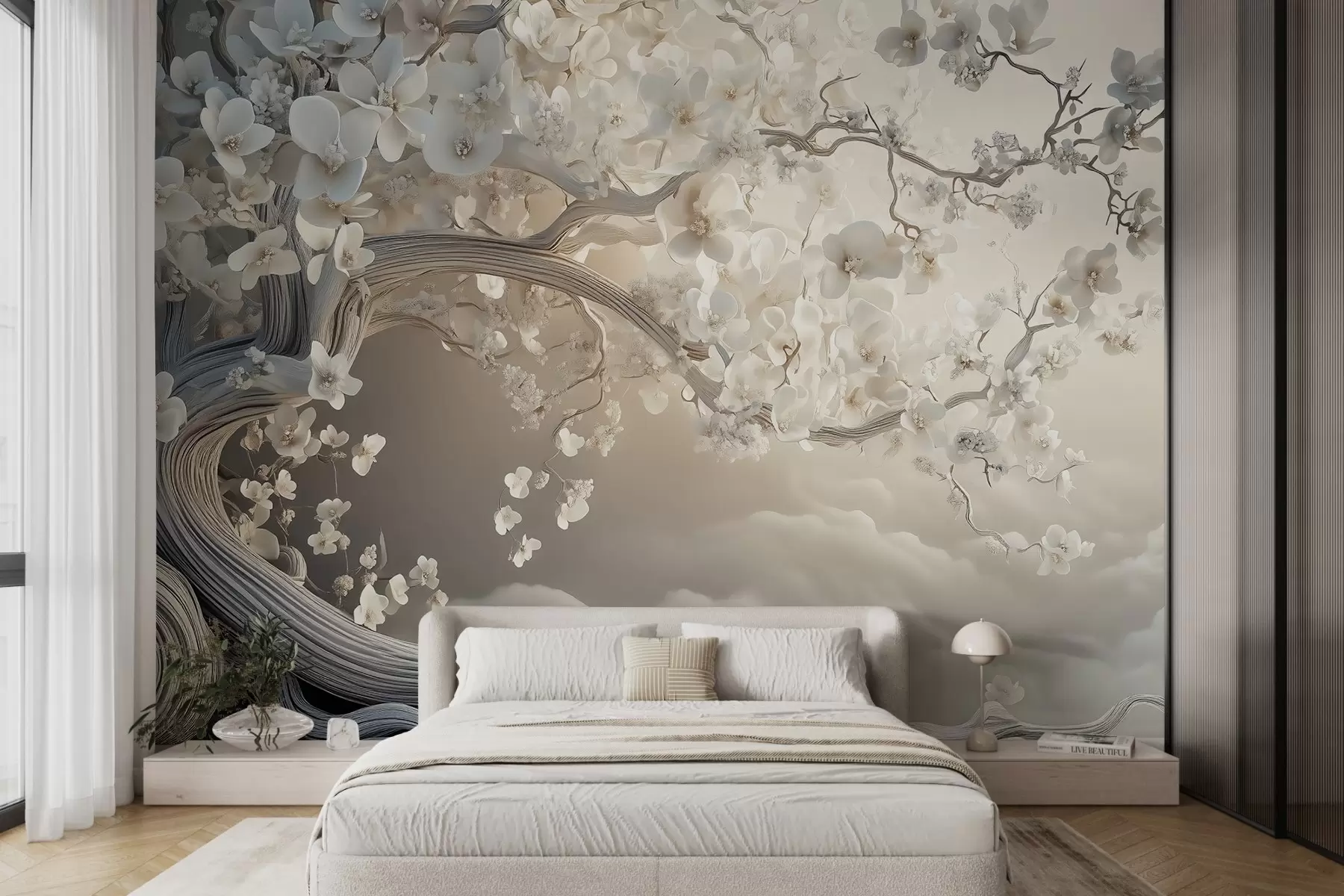 Papier peint Un arbre charmant avec des fleurs blanches sur fond de nuages dans un style intéressant aux couleurs chaudes et délicates w02133