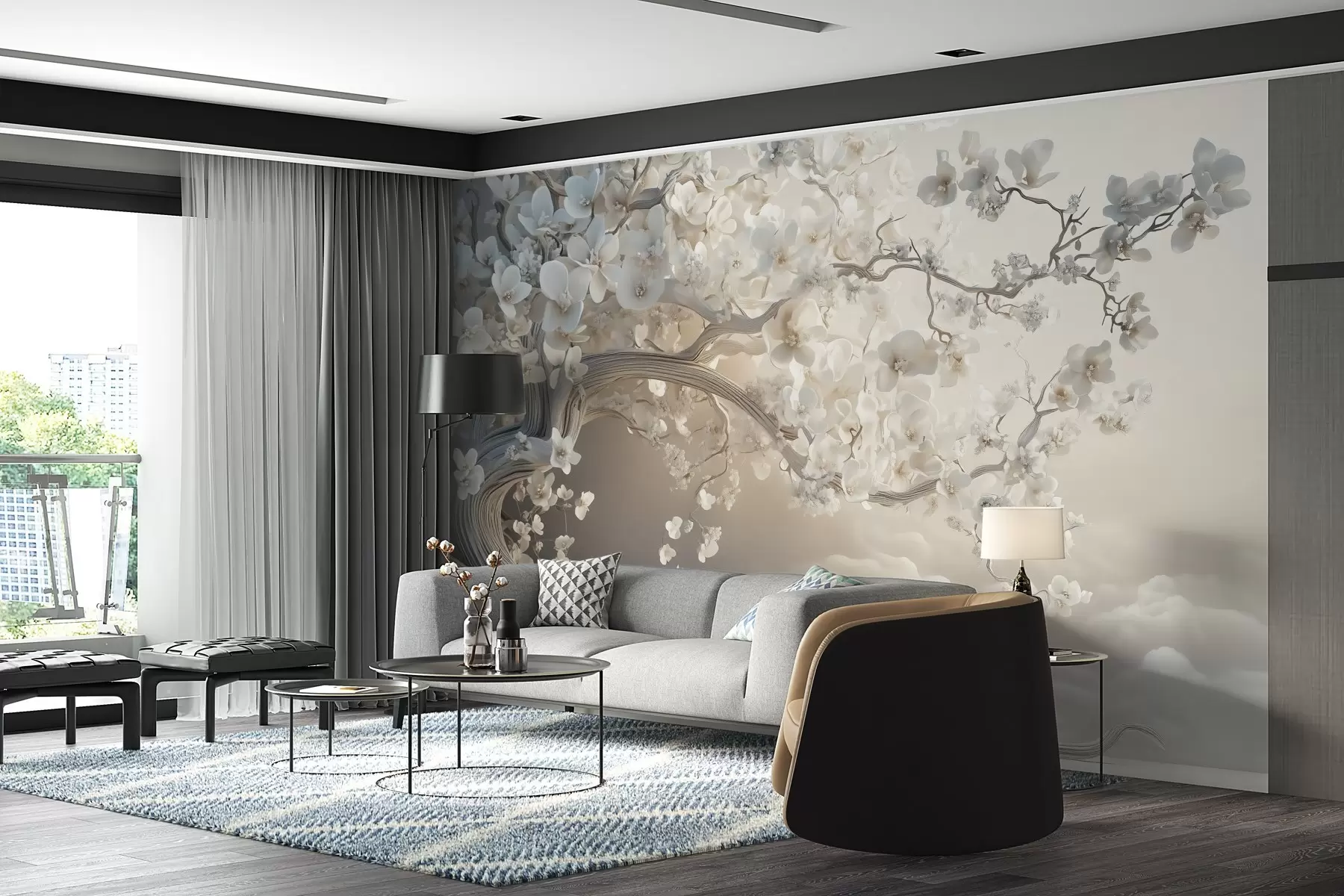 Papier peint Un arbre charmant avec des fleurs blanches sur fond de nuages dans un style intéressant aux couleurs chaudes et délicates w02133