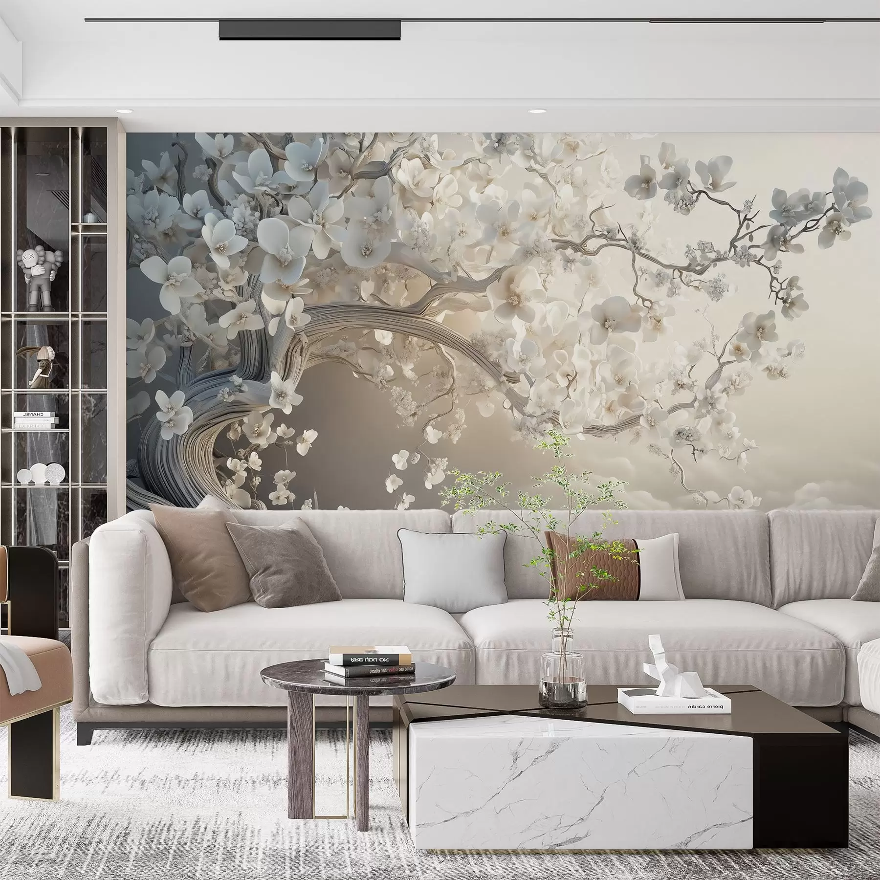 Tableau Un arbre charmant avec des fleurs blanches sur fond de nuages dans un style intéressant aux couleurs chaudes et délicates w02133