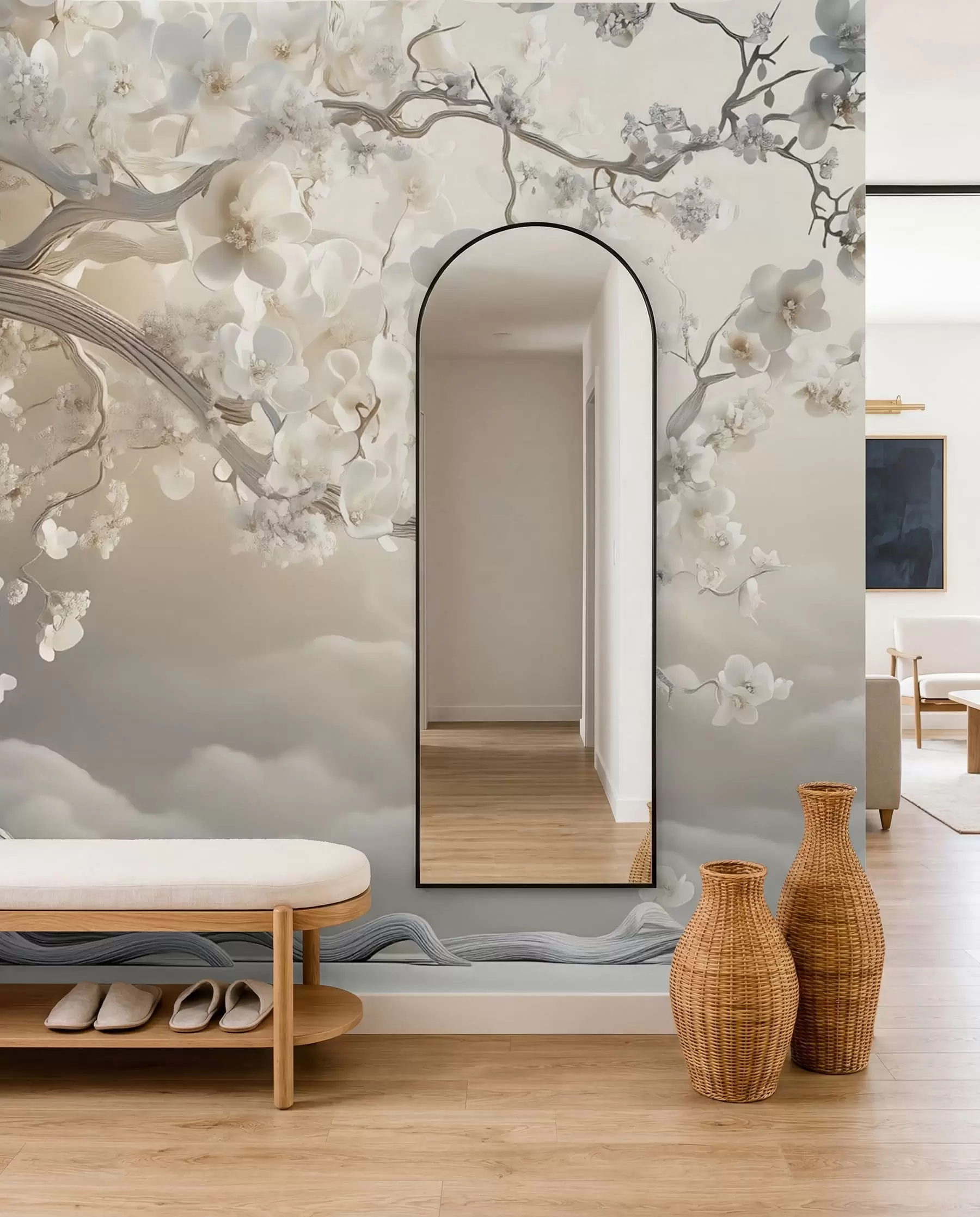Papier peint Un arbre charmant avec des fleurs blanches sur fond de nuages dans un style intéressant aux couleurs chaudes et délicates w02133
