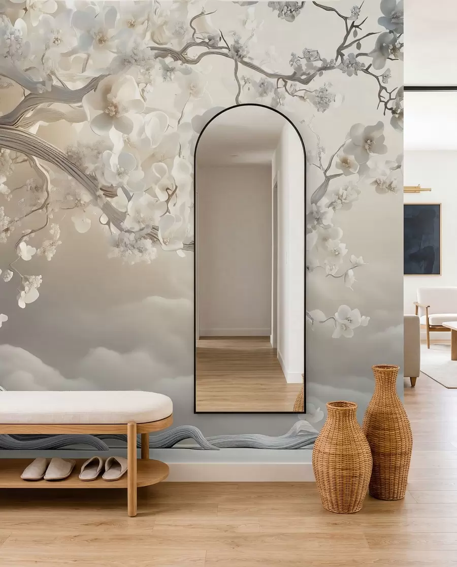 Papier peint Un arbre charmant avec des fleurs blanches sur fond de nuages dans un style intéressant aux couleurs chaudes et délicates w02133