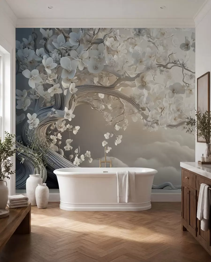 Papier peint Un arbre charmant avec des fleurs blanches sur fond de nuages dans un style intéressant aux couleurs chaudes et délicates w02133