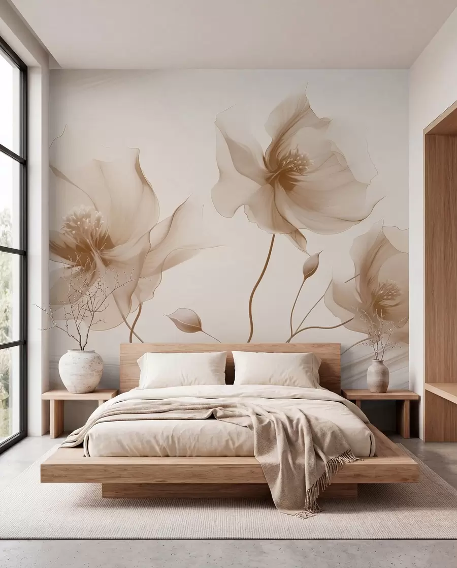 Papier peint Trois fleurs gracieuses aux pétales translucides, entrelacées de rubans de lumière et de vent dans les tons beiges w01932