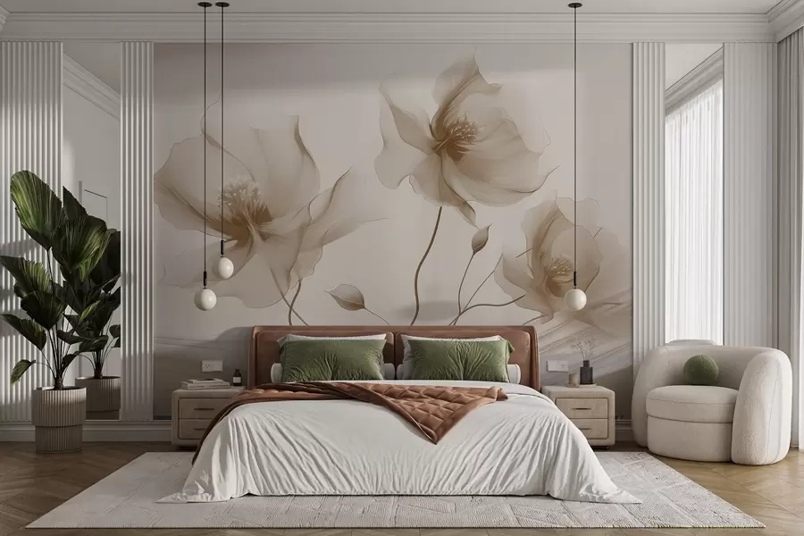 Papier peint Trois fleurs gracieuses aux pétales translucides, entrelacées de rubans de lumière et de vent dans les tons beiges w01932