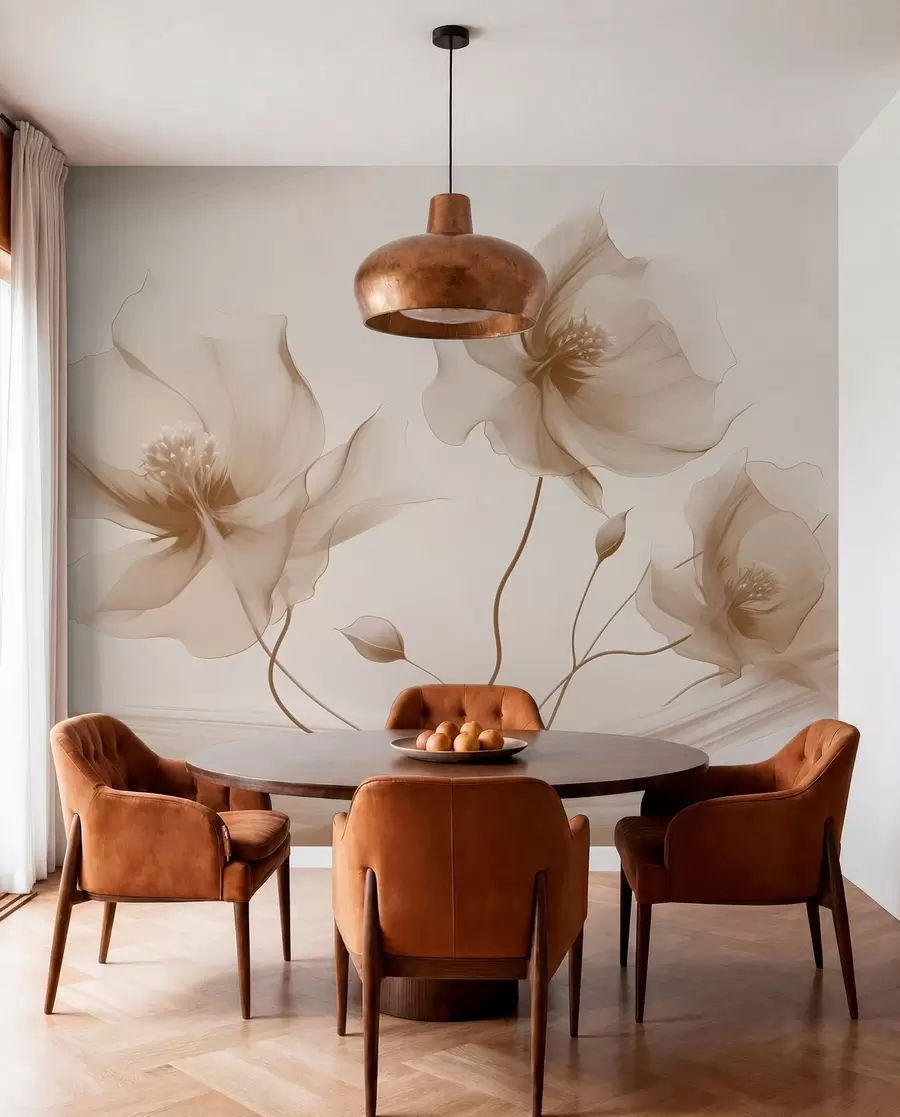 Papier peint Trois fleurs gracieuses aux pétales translucides, entrelacées de rubans de lumière et de vent dans les tons beiges w01932