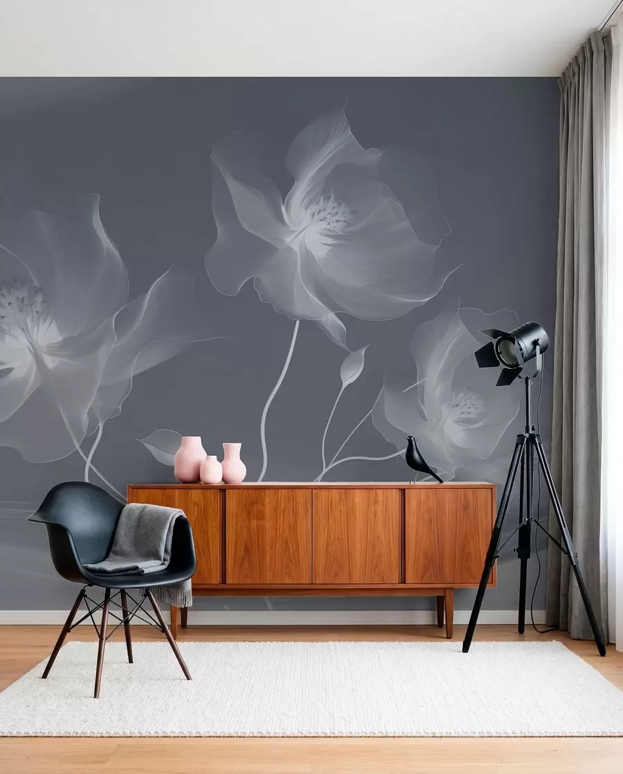Papier peint Trois fleurs gracieuses aux pétales translucides, entrelacées de rubans de lumière et de vent dans les tons bleus w01932v2