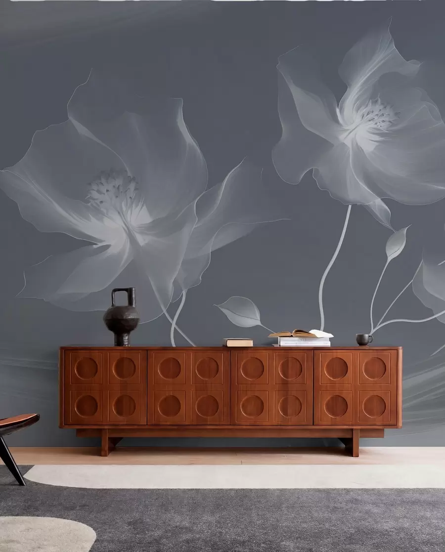 Papier peint Trois fleurs gracieuses aux pétales translucides, entrelacées de rubans de lumière et de vent dans les tons bleus w01932v2