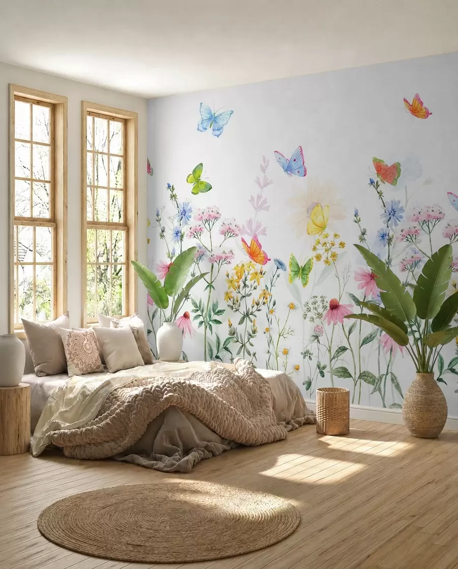Papier peint Fleurs et plantes colorées et papillons w02238