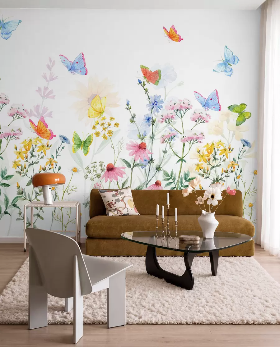 Papier peint Fleurs et plantes colorées et papillons w02238