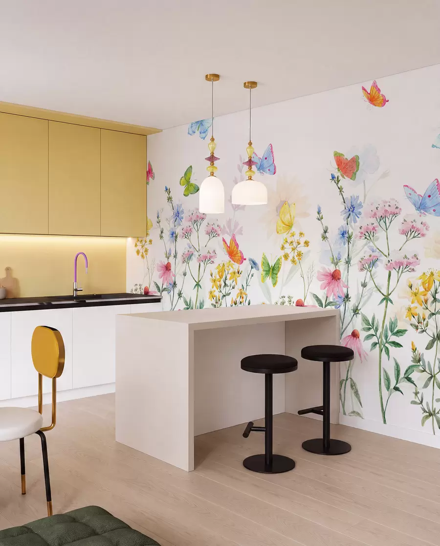 Papier peint Fleurs et plantes colorées et papillons w02238
