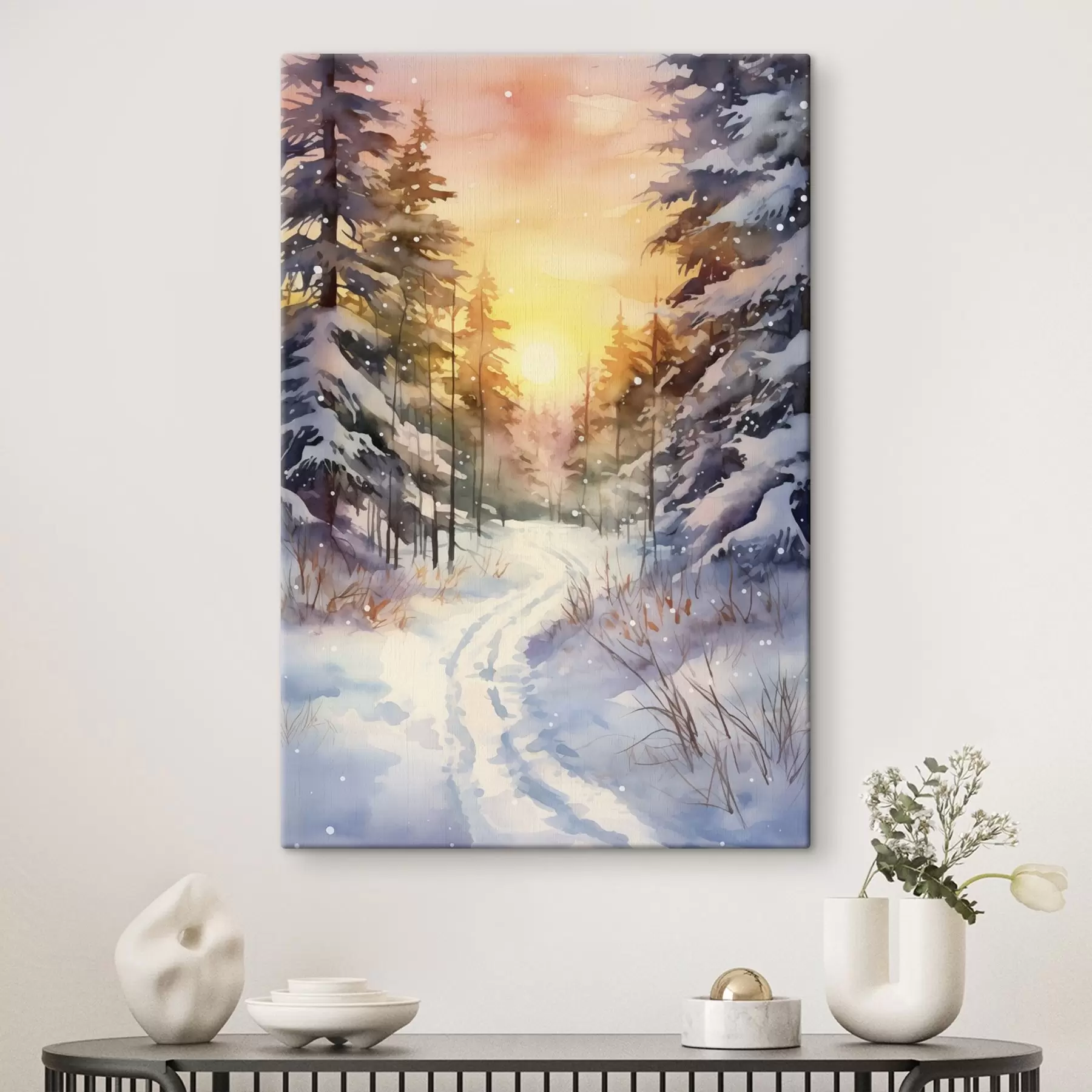 Papier peint Aquarelle forêt d'hiver, flocons de neige, beau ciel, coucher de soleil s41640