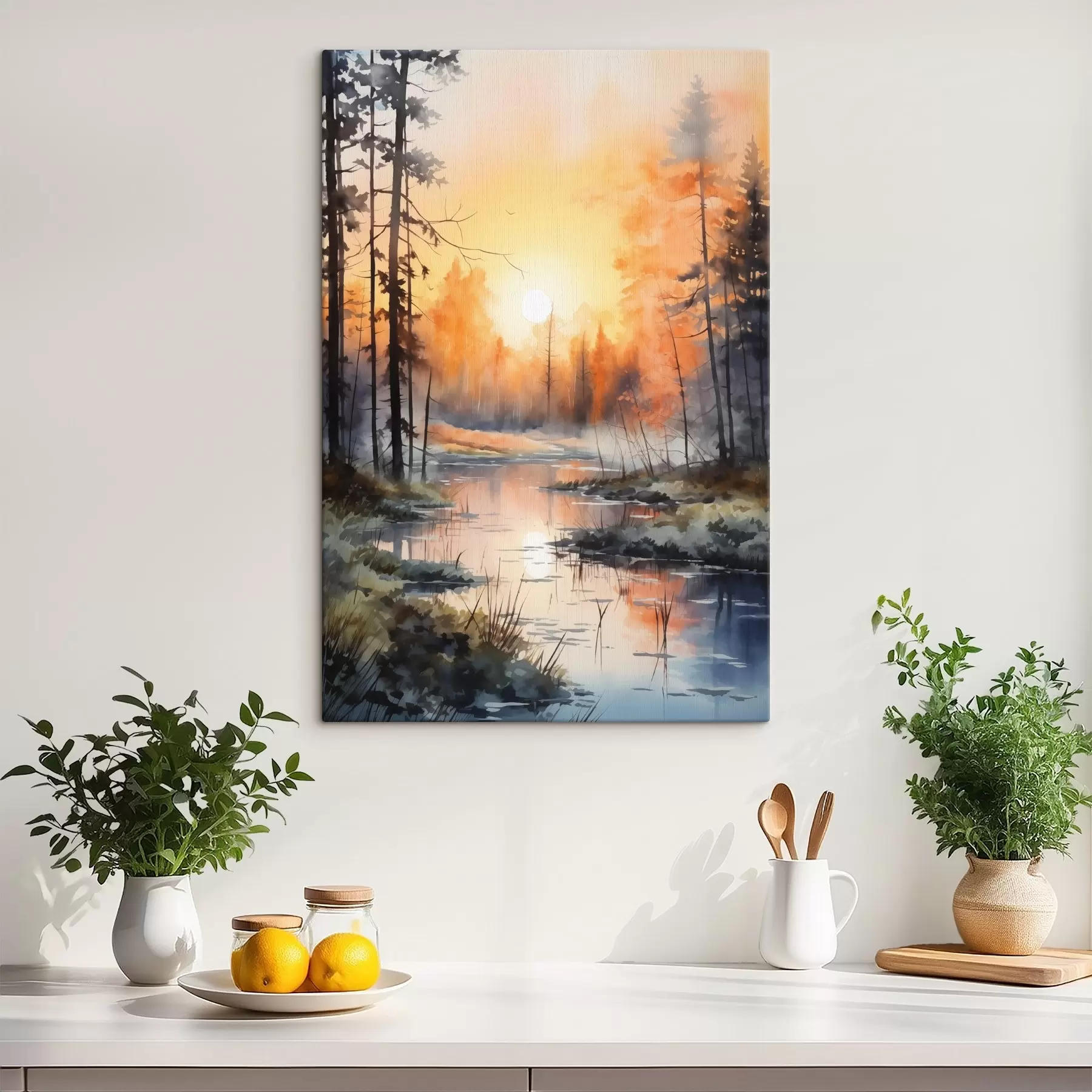 Tableau Lac dans la forêt, aquarelle, couleurs d'automne, brume, ciel couchant s41642