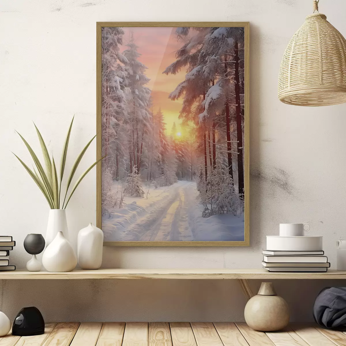 Poster Un chemin dans la forêt d'hiver, neige, pins, couleurs du coucher de soleil f41639