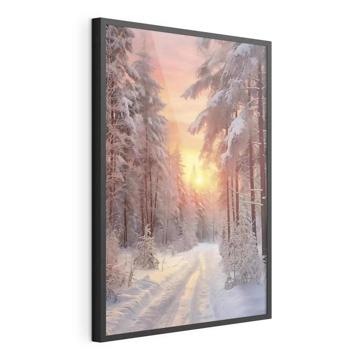 Poster Un chemin dans la forêt d'hiver, neige, pins, couleurs du coucher de soleil f41639