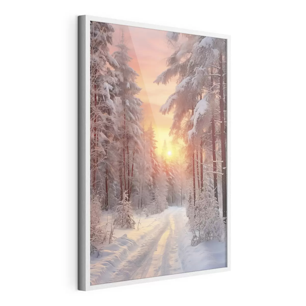 Poster Un chemin dans la forêt d'hiver, neige, pins, couleurs du coucher de soleil f41639