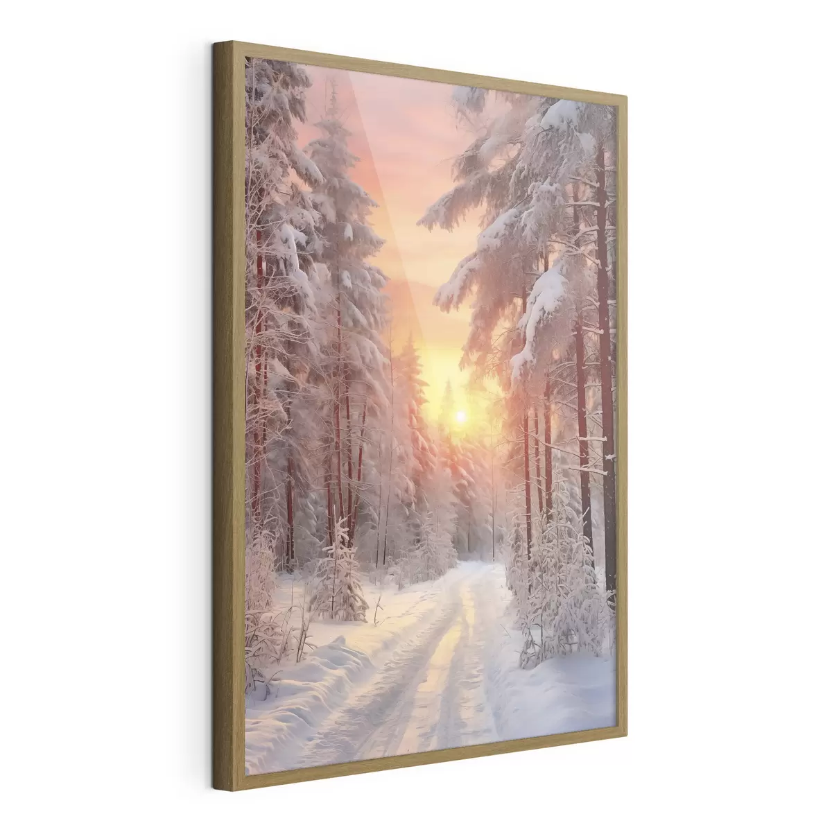 Poster Un chemin dans la forêt d'hiver, neige, pins, couleurs du coucher de soleil f41639