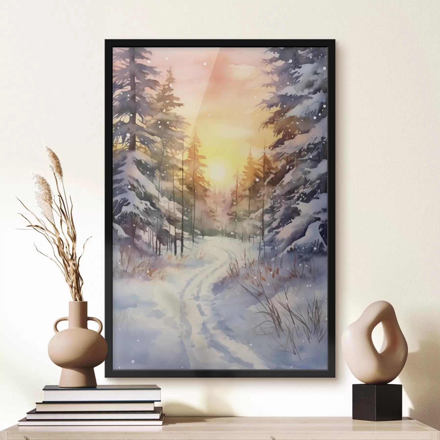 Papier peint Aquarelle forêt d'hiver, flocons de neige, beau ciel, coucher de soleil f41640