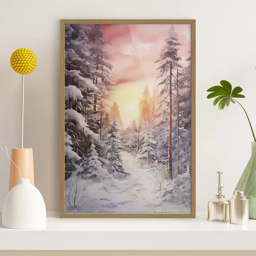 Papier peint Belle hiver, aquarelle forêt, enneigée, arbres, ciel rose, coucher de soleil f41641