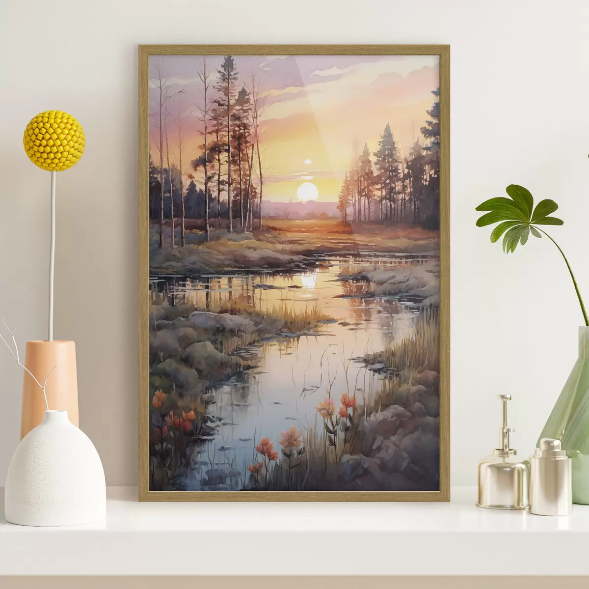 Poster Belle rivière dans la forêt d'automne, aquarelle, prairie, ciel couchant f41643