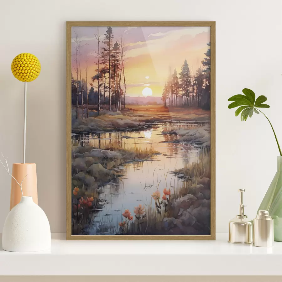 Papier peint Belle rivière dans la forêt d'automne, aquarelle, prairie, ciel couchant f41643
