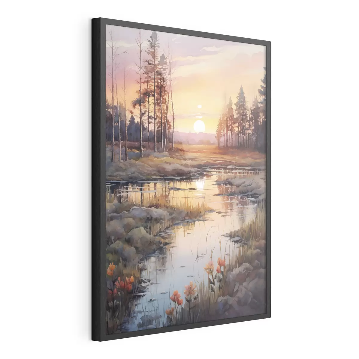 Poster Belle rivière dans la forêt d'automne, aquarelle, prairie, ciel couchant f41643
