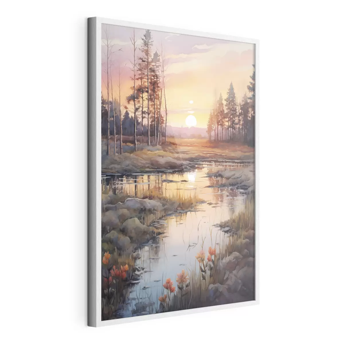 Poster Belle rivière dans la forêt d'automne, aquarelle, prairie, ciel couchant f41643